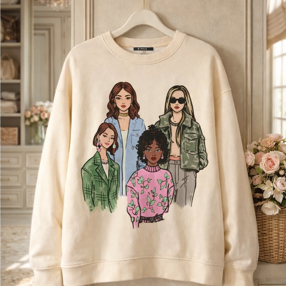 Zara Cream Sweater with Fashion Graphic